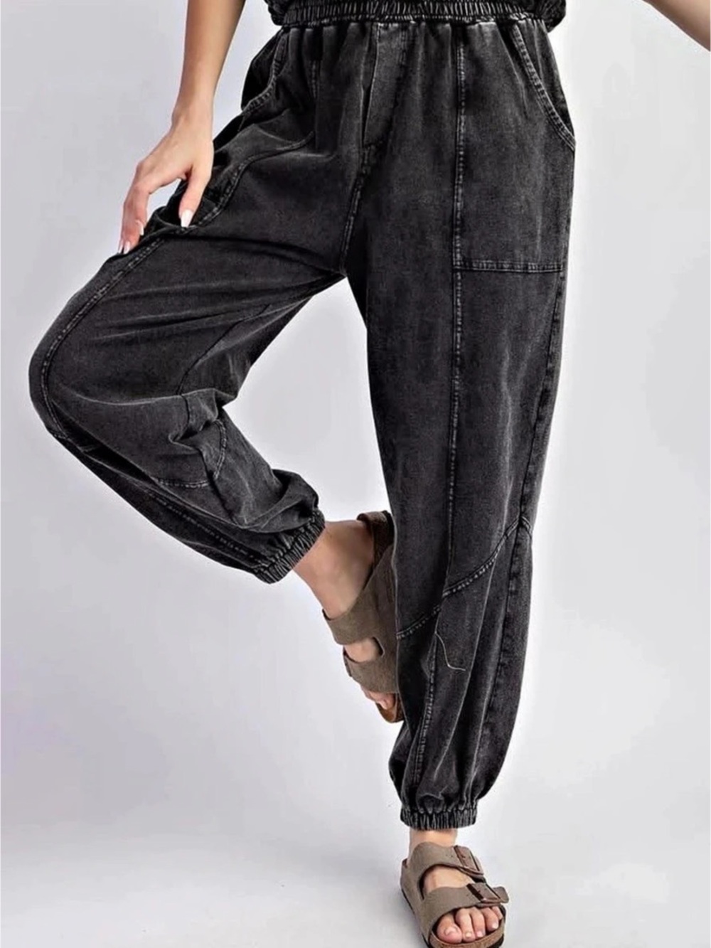 Easel Charcoal Mineral Wash Distressed Terry Knit Joggers Small Lounge Pants